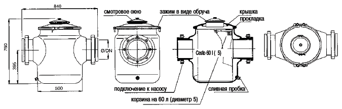 Размеры префильтра со смотровым окном, 118 м3/ч, соединение 6", сетчатый фильтр 6", стеклопластик ёмкость 60 л арт.15653, 15654
